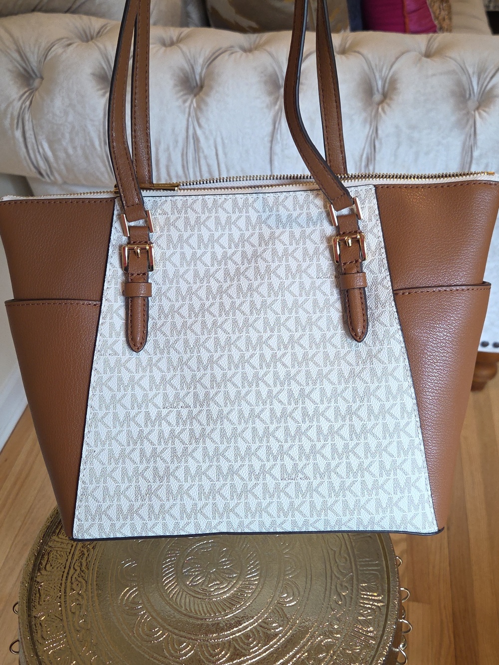 Michael Kors Charlotte Large Top Zip Tote Vanilla Signature Shoulder Bag - Picture 5 of 9